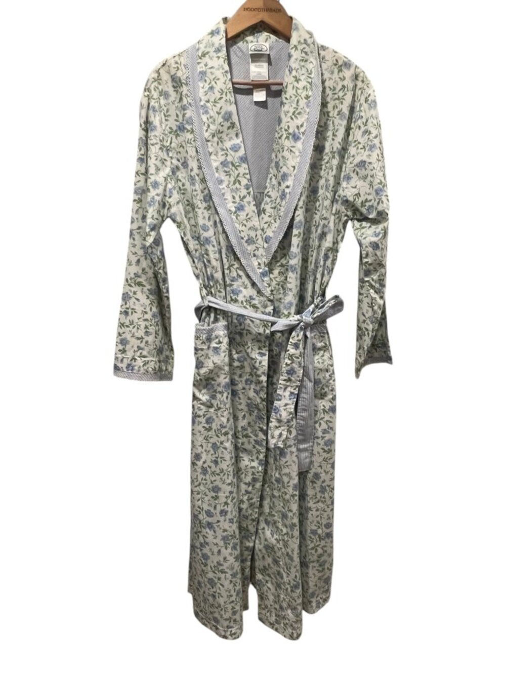 Laura Ashley Floral Cotton Midi Length Robe, NWT, White Blue, L